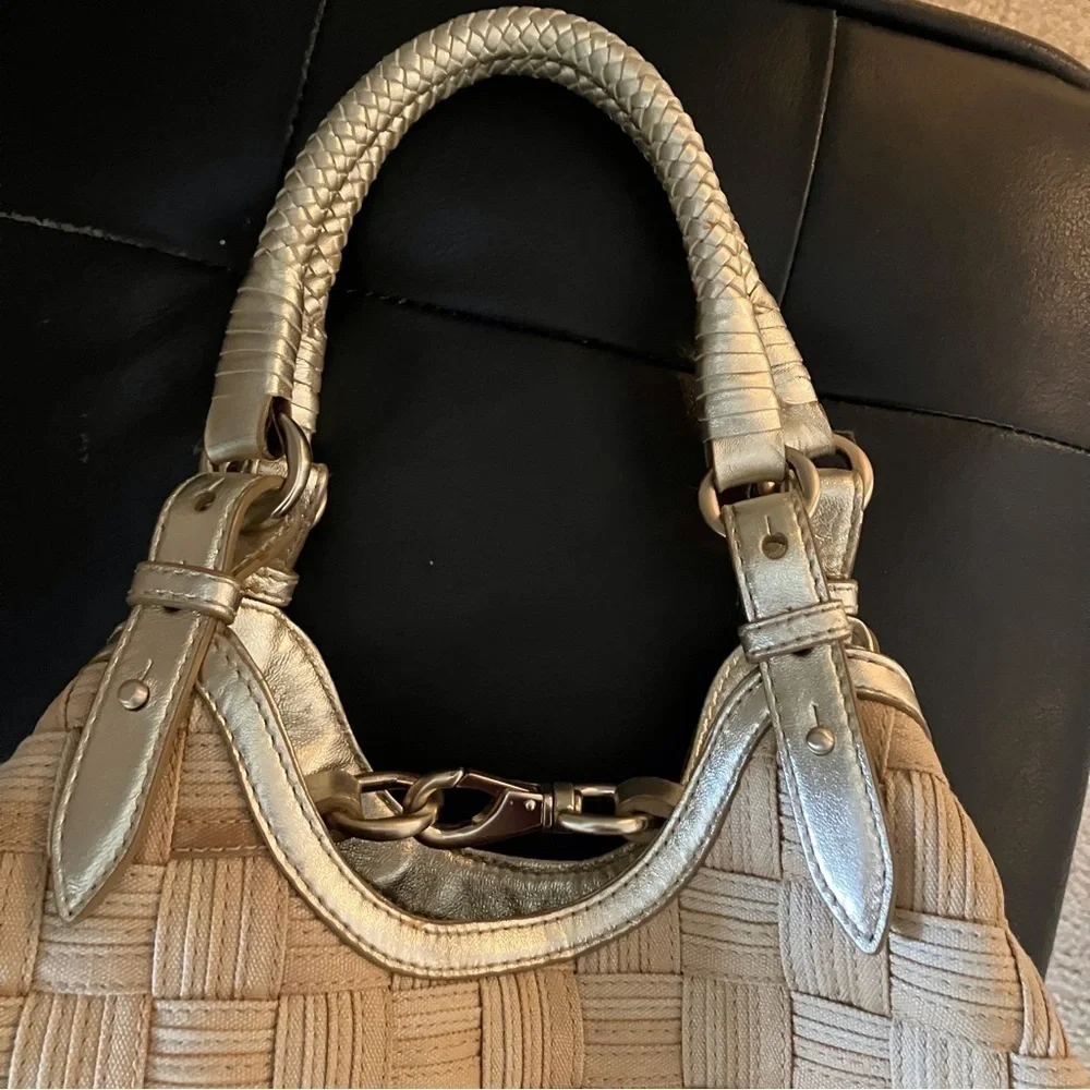 Cole Hahn Genevieve Weave Handles XL Canvas Gold leather triangle Tote Hobo